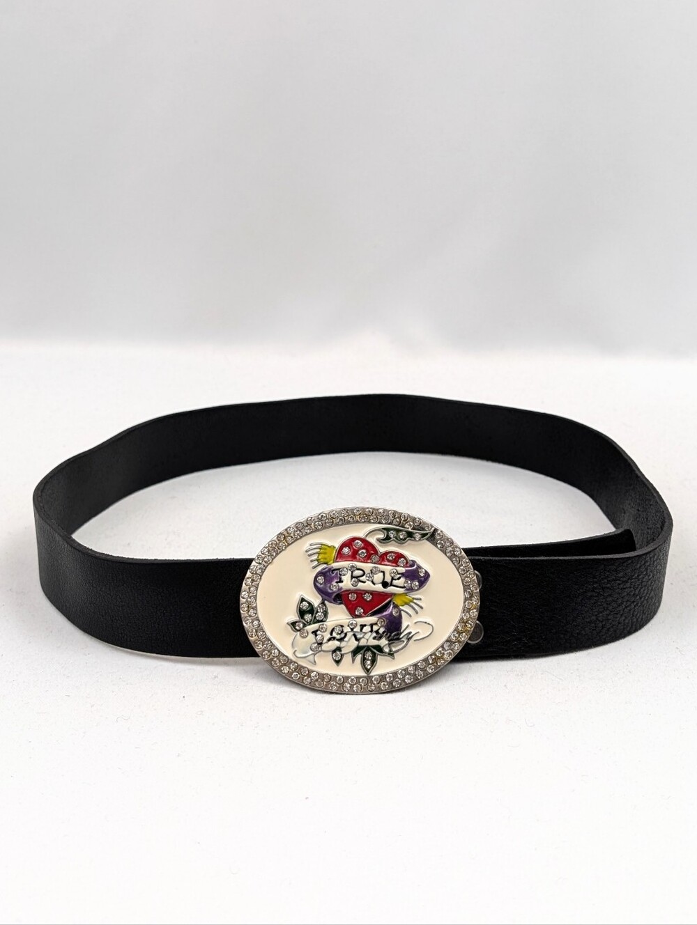 Ed Hardy Leather Belt True Love Enamel & Rhinestone Buckle Y2K Retro Rockabilly